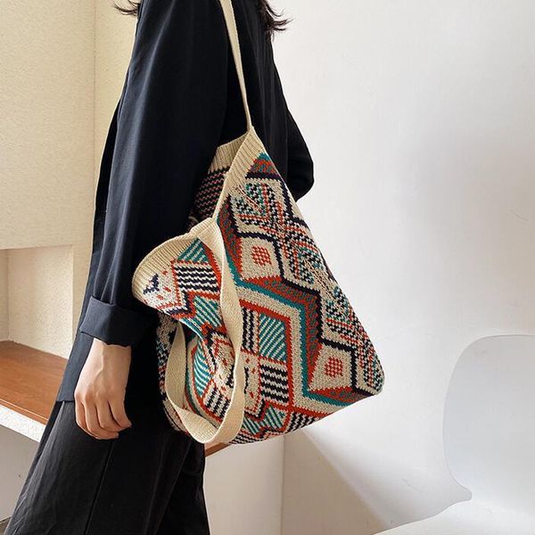 

evening bags lady knitting gypsy bohemian boho chic aztec tote bag women crochet woolen open shopper handle 2021female daily handbag