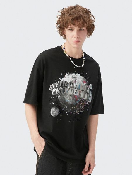 

men slogan & moon print drop shoulder tee x2yq#, White;black