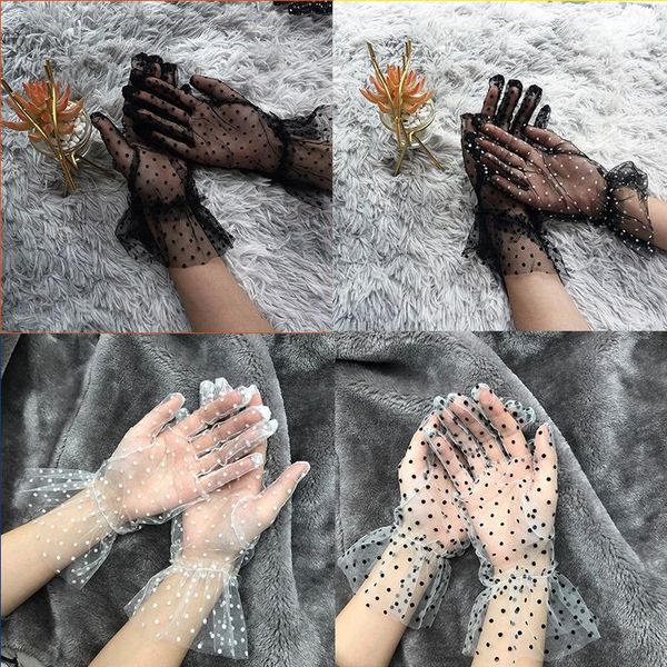 

five fingers gloves black short women lace tulle mesh gauze ultra thin vintage elegant opera transparent party, Blue;gray