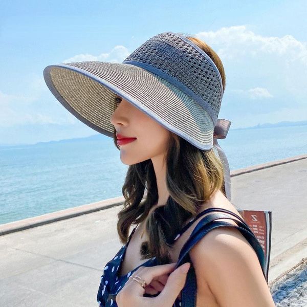 

wide brim hats 2021 foldable summer women's sun hat bucket beige lace bowknot flowers ribbon flat panama soft straw beach caps, Blue;gray