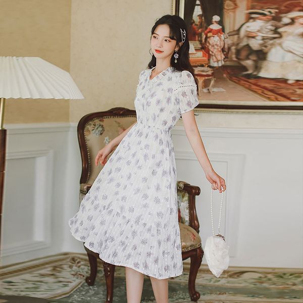 

floral dress for women lace ruffled neck dresses short sleeve clothing a-line summer new korean fashion casual mid-calf, Black;gray