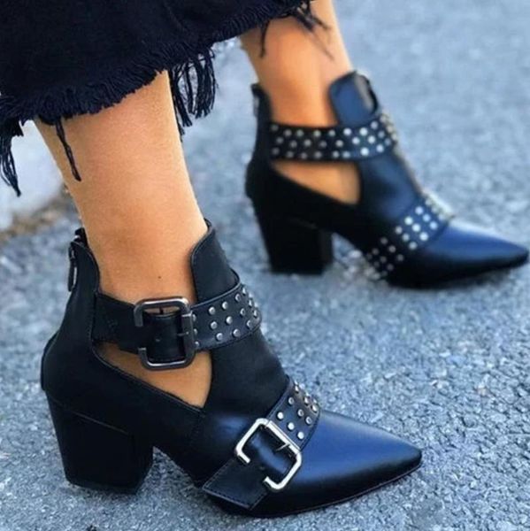 

boots women's ankle heel shoes sandals rivet fashion buckle big size 34-43 for female zapatos de mujer 2021, Black