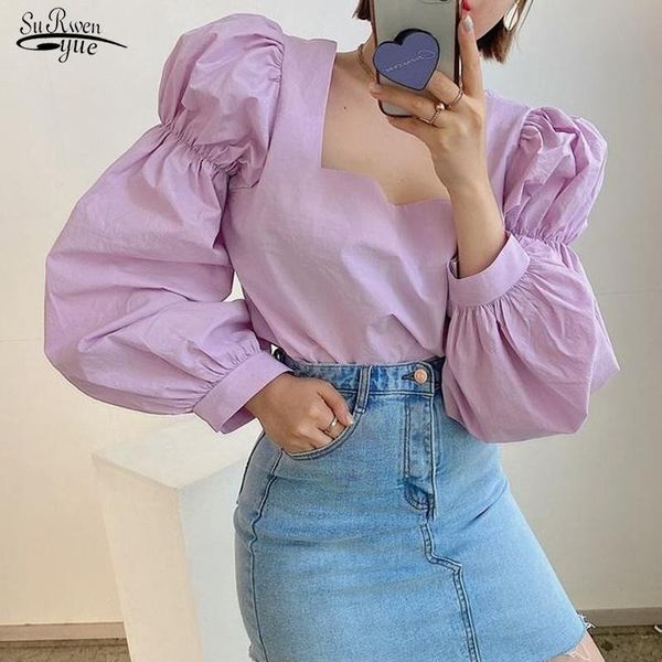 

women's blouses & shirts 2021 autumn vintage slim long puff sleeve chic square collar women blouse solid 4 colors sweet cotton blusas, White