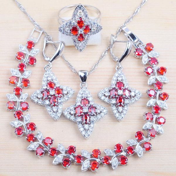 

earrings & necklace 2021 red garnet silver color jewelry sets for women bridal zirconia bracelet pendant ring qs0343