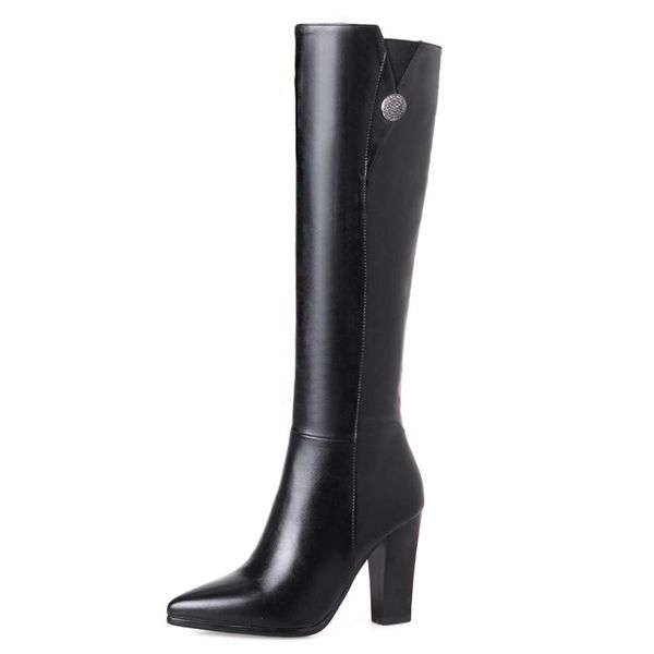 

boots pu square heel knee-high winter women super high zip solid black button pointed toe fashion shoes 2021