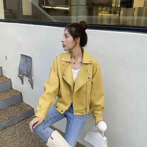

leather women 2021 new spring and autumn temperament short korean loose motorcycle clothes early leather jacket small coat fashion, Black