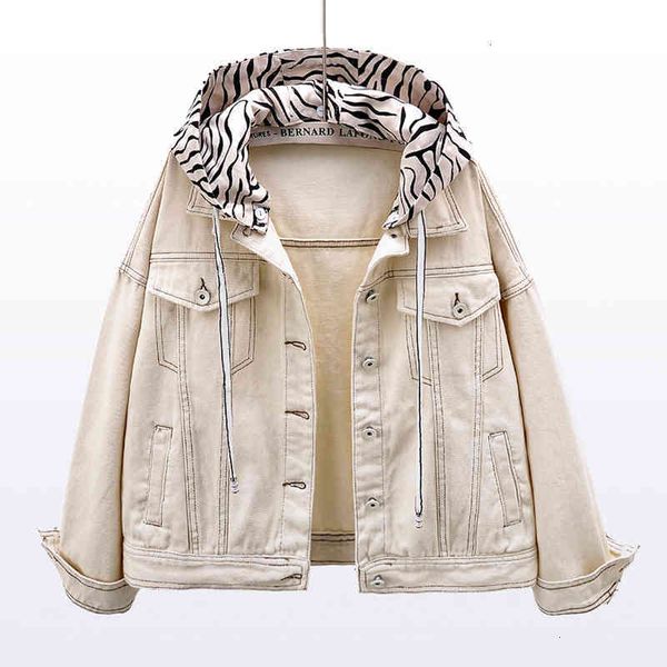 

women's jackets zebra pattern print hooded short denim women spring korean fashion 3 color loose jeans coat outerwear f at7l, Black;brown
