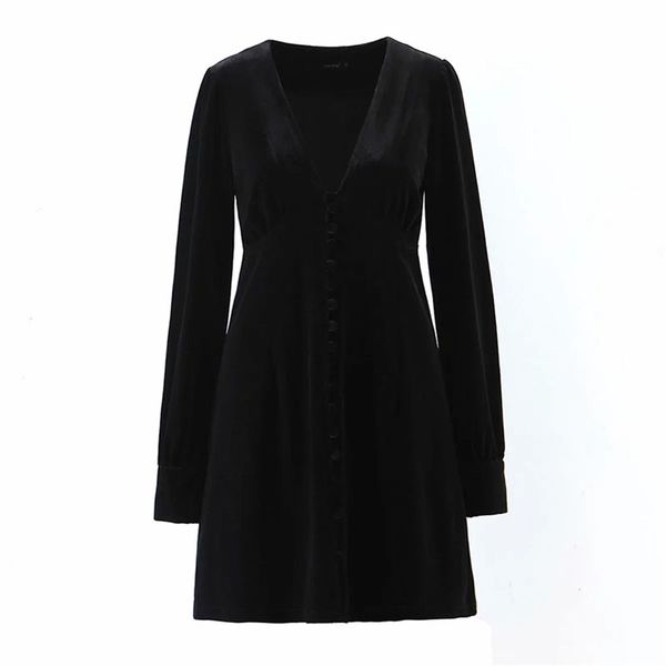 

vintage black button decoration dresses women fashion v-neck dress elegant ladies long sleeve mini 210531, Black;gray