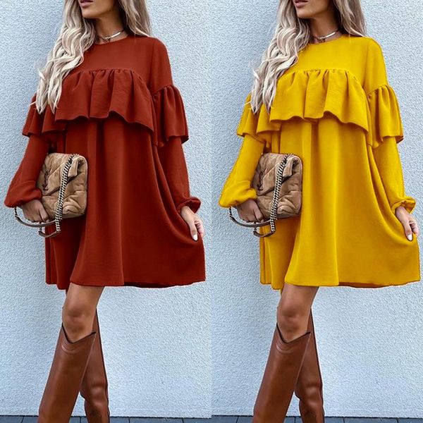 

casual dresses spring autumn ruffled dress for women pure color loose long sleeve pullover knee-length yellow light, Black;gray