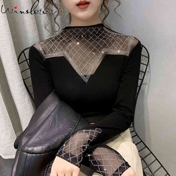 

women's t-shirt spring fall korean style women fashion mock neck shiny diamonds mesh ropa mujer all match tees t0n230a j, White