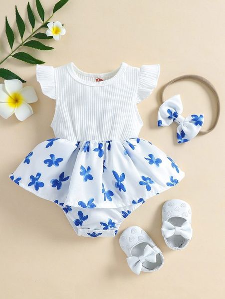 

baby floral print combo bodysuit dress with headband she, Red;yellow