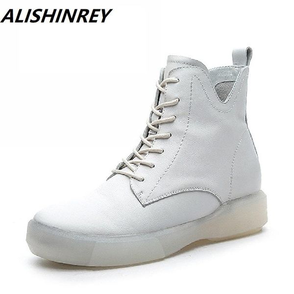 

boots alishinrey2021 autumn platform women genuine leather ankle ladies lace up shoes female wedges motorcycle, Black