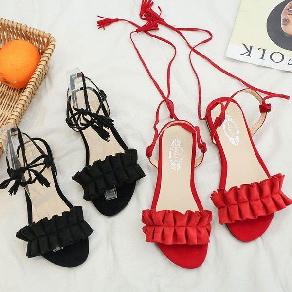

sandals 2021 summer sweet tassel shoes woman cross-strap flat open toe floral straps student red heels zapatos mujer, Black