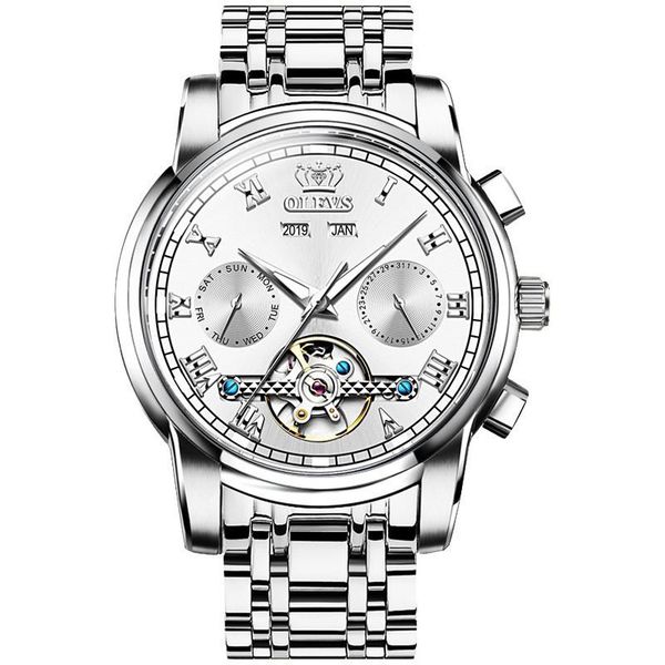 

business mechanical watch steel belt men's watchs multi functional wristwatches, Slivery;brown