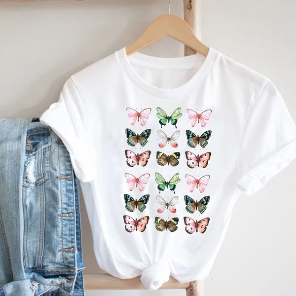 

butterfly group pattern women is fashion word 3d printing short slim-fit t-shirt summer casual round neck short short-sleeved t-shirt, White