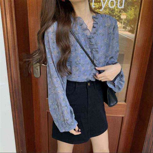 

sweet ruffles women blouses v neck vintage chic fashion elegant stylish florals loose chiffon shirts printed, White