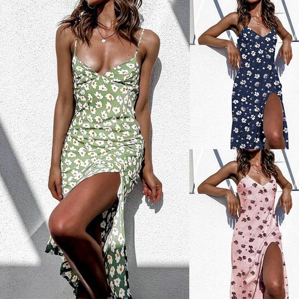 

casual dresses 2021 summer women's fashion print deep v neck spaghetti straps sleevelesss backless hollow out zippers split dress lady, Black;gray