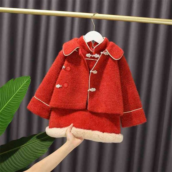 

girls dress sets winter vintage children's clothing baby chinese tang suits toddler kids princess vest dress+coat 2 pieces 210625, Red;yellow