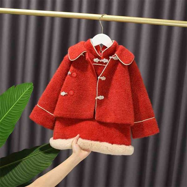 Le ragazze vestono gli insiemi Inverno Vintage Abbigliamento per bambini Baby Chinese Tang Suits Toddler Kids Princess Vest Dress + Coat 2 pezzi 210625