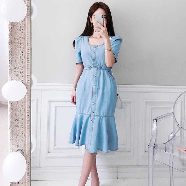 

summer style women vintage fashion female elegant casual jeans vestidos slim single-breasted denim dresses 210529, Black;gray