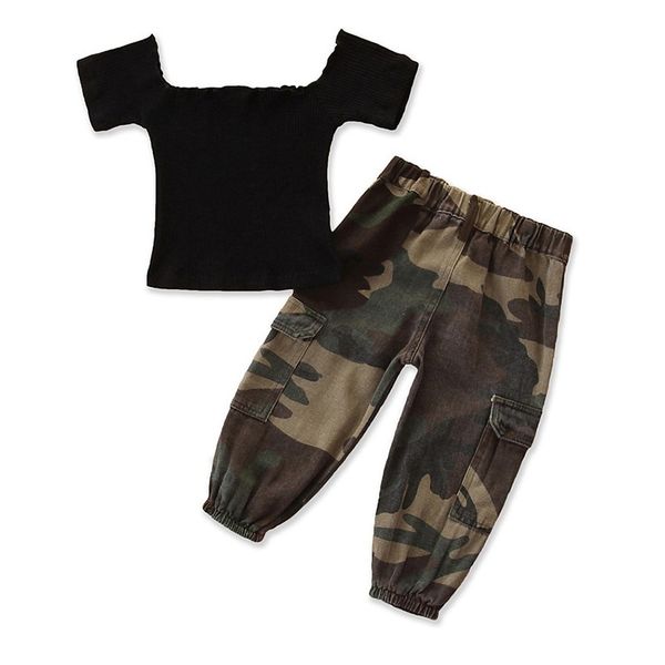 

childrens childrens clothing 2021 summer girl set fashion street style girls suit cotton shirt camouflage overalls, White;black