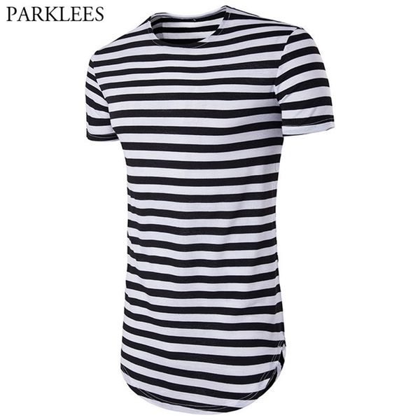 

striped longline t shirt men summer new short sleeve extra long mens t shirts hip hop hi street tees camisetas hombre 210322, White;black