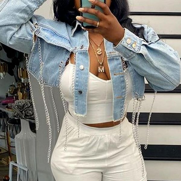 

women's jackets women's asymmetric short jacket long sleeve halter chain summer 2021 streetwear light blue ripped denim, Black;brown