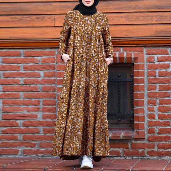 

casual dresses 2021 spring ruffle muslim long sleeve sundress marocain turkish robe kaftan women print dress vestiods 5xl e0xw, Black;gray