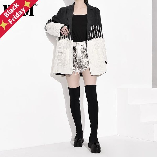

[eam] loose fit gray cotrast color split knitting jacket lapel long sleeve women coat fashion tide spring autumn 2021 jz2481 women's ja, Black;brown