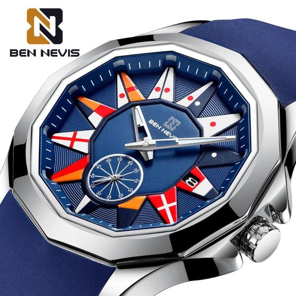 

wristwatches ben nevis 2021 creative nautical flag quartz watch men calendar military sport soft silicone strap waterproof clock relogio, Slivery;brown