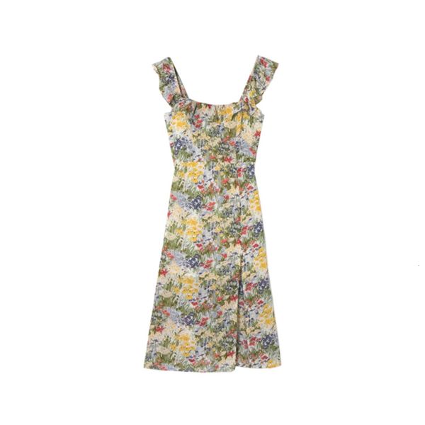 

side split medium and long suspender skirt design feeling neck printed high waist slim dress, Black;gray