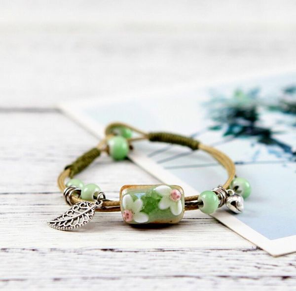 

charm bracelets bohemian ceramic flower for women girl ethnic boho diy vintage silver filigree hollow leaf bracelet, Golden;silver
