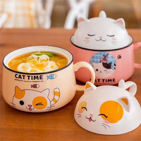 

bowls japanese style ceramic cute cartoon instant noodle bowl with lid and handle creative large capacity office fruit tableware