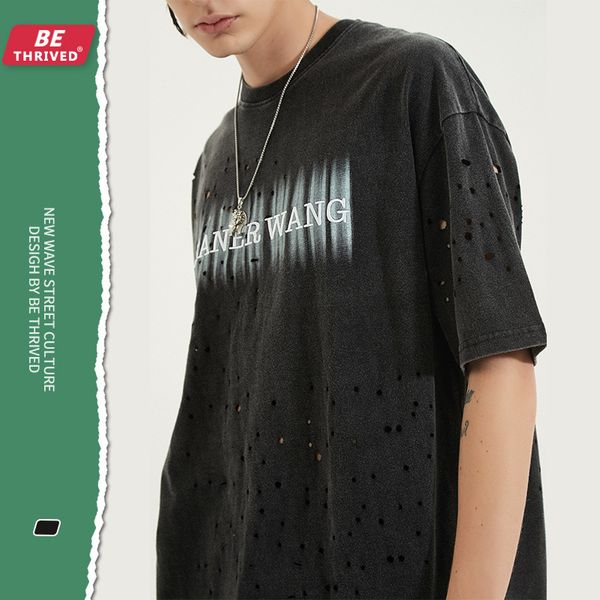 

be men's clothing - 2021 summer new embroidery print hole worn short sve high street style street fashion brand t-shirt, White;black