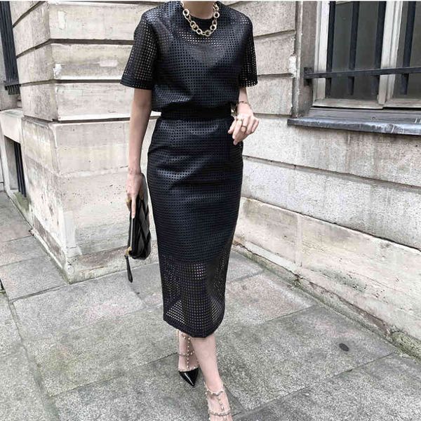 

two piece dress zcsmll conjunto de malha com gola redonda, duas peÃ§as, couro, manga curta, cintura alta, bolsa, quadril, saia, primavera/ver, White