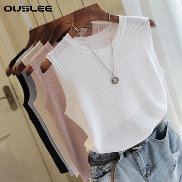 

women's tanks & camis ouslee 2021 summer o neck knitted tank women sleeveless vest female fashion casual solid color knitting gilet, White