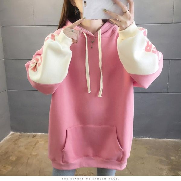 

autumn and winter warm thick loose oversized color matching hooded sportswear for women women's hoodies & sweatshirts, Black