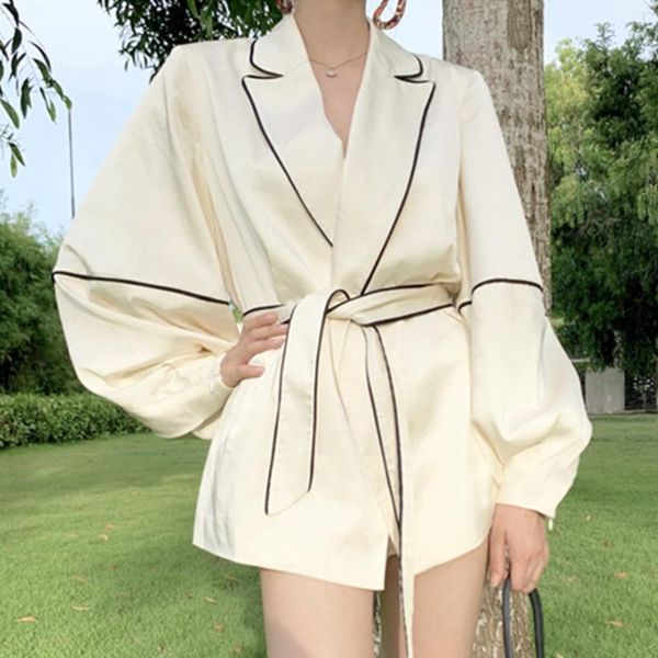 

women's blouses & shirts [ewq] korea chic autumn casual trend women v-neck hit color edging fashion loose tie long-sleeved blouse coat, White