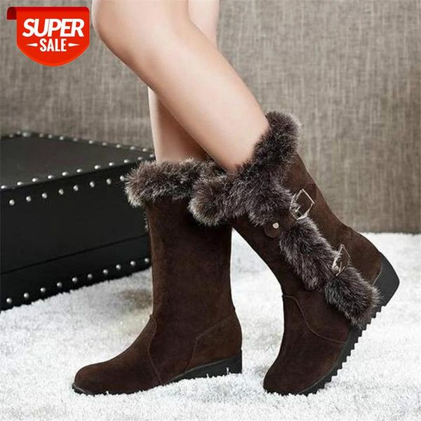 

brown new winter women casual warm fur mid-calf boots shoes women slip-on round toe flats snow boots shoes muje plus size 35-42 #x641