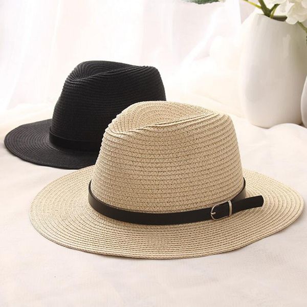 

wide brim hats [ozyc]sombreros women summer hat men classic black girdle panama sunhats jazz hat beach hats for chapeau de paille, Blue;gray