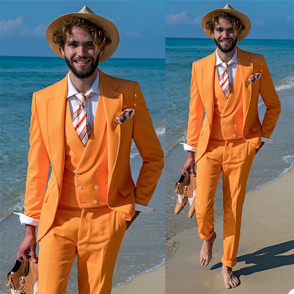 Moda verão laranja mens personalizado smoking tuxedos pico do noivo de lapela desgaste de desgaste do baile de promotor blazer (jaqueta + colete + calças)