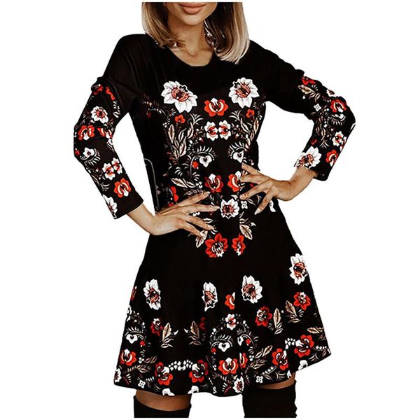 

casual dresses vintage women christmas print mini dress floral long sleeves loose o-neck swing ladies retro party #t2g, Black;gray