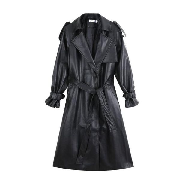 

women's leather & faux fashion long black trench coat for women sleeve belt lapel 2021 luxury spring british style outerwear