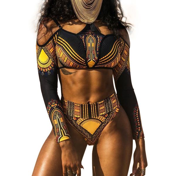 

long sleeve african dashiki swimsuit high waist bikini 2021 women thong swimwear female xxl plus size off shoulder bathing suiting