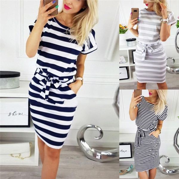 

maternity dresses fashion short sleeve dress shows thin round neck stripe high waist medium length pregnant clothes1, White