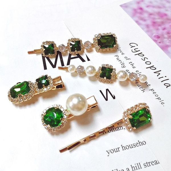 

5pcs/lot retro emerald green rhinestone hair clips for women geometric crystal pearls hairpins girls barrettes accessories1