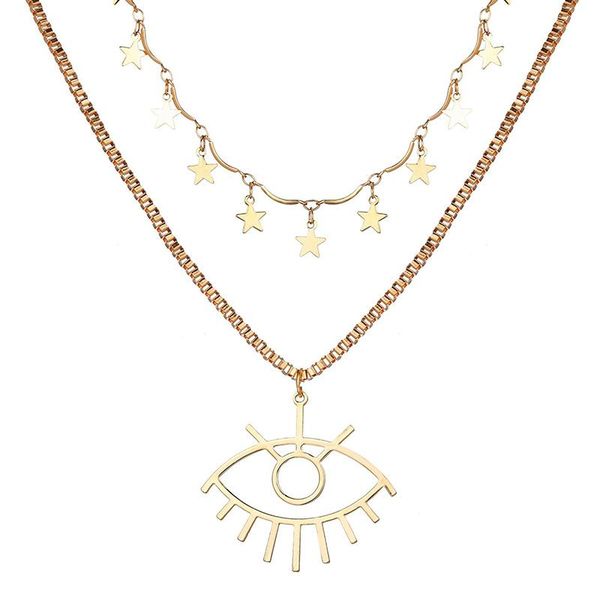

pendant necklaces evil eye star necklace for women girl gold color metal long double layer link box chain choker charm jewelry, Silver