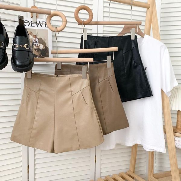 

women's shorts pantalones cortos de mujer wild autumn slim high waist black pu leather wide leg plus size casual retro khaki, White;black