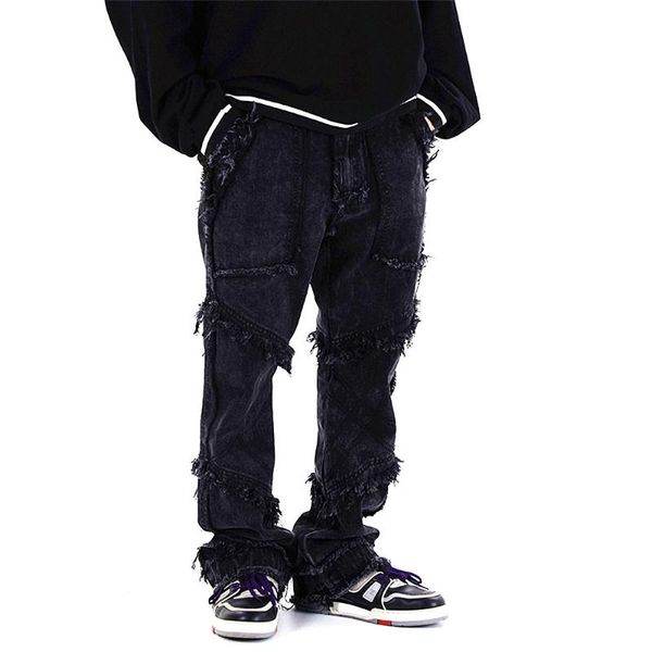 

men's jeans uncledonjm hip hop flare men clothing 2021 wide leg streetwear black goth clothes jeens for me-z69, Blue