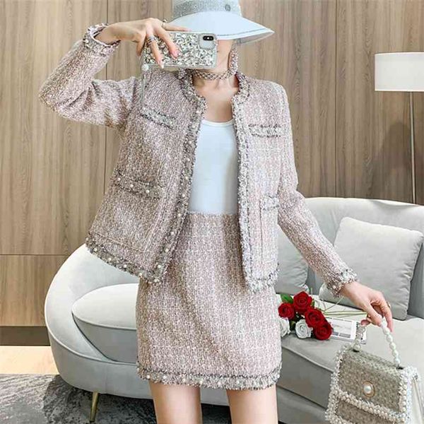 

autumn winter vintage tweed two piece set women fashion fringe beading jacket coat mini skirt outfits 210514, White